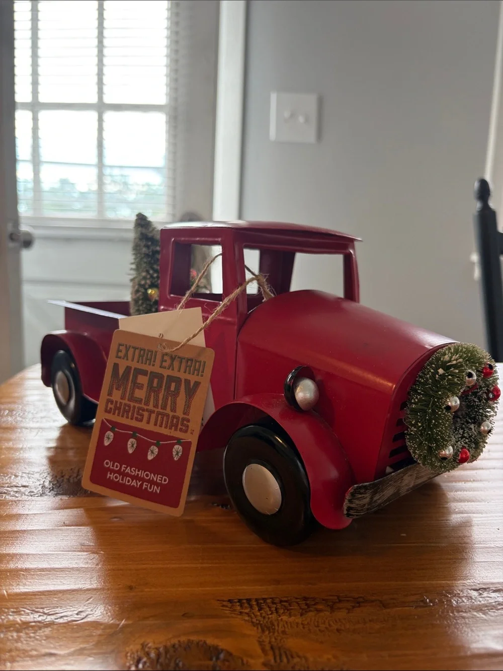 Red Holiday Metal Truck Decor with Wreath - Rustic Home Holiday Accent